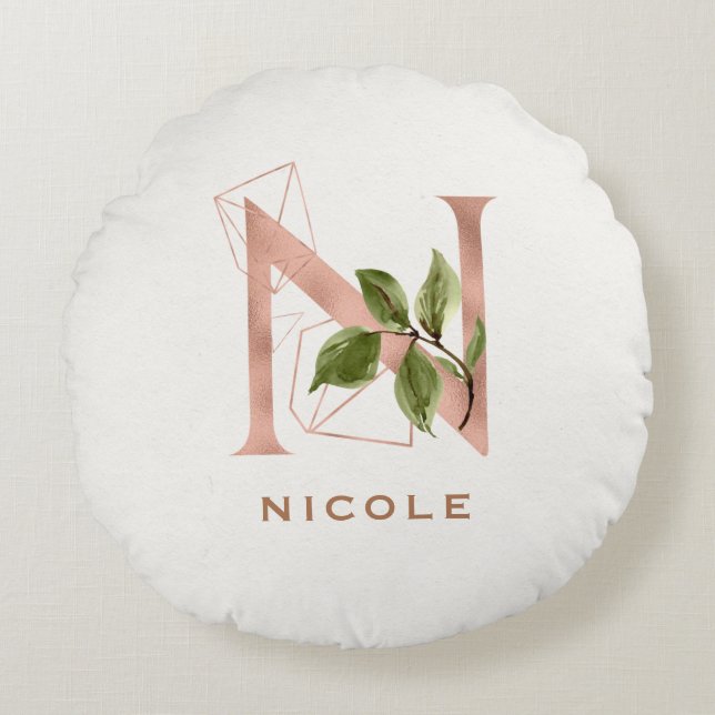 Custom Monogrammed Rose Gold Floral Initial N Round Pillow (Front)