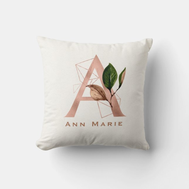 Custom Monogrammed Rose Gold Floral Initial Round  Throw Pillow (Front)