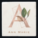 Custom Monogrammed Rose Gold Floral Initial  Stone Coaster<br><div class="desc">The letter A - a beautiful monogram initial in rose gold embellished with an exquisite watercolor floral and geometric shape pattern.  Ideal gift and keepsake idea for your favourite bridesmaid.  Easily customize the name of your choice.</div>
