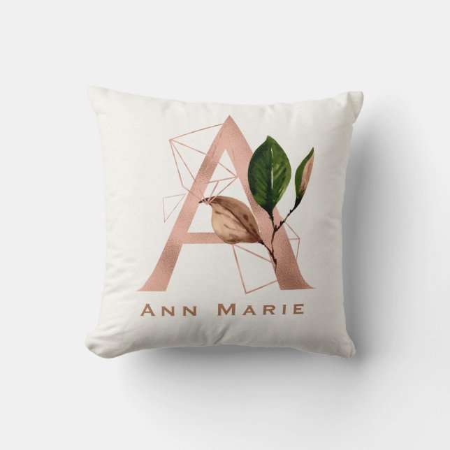 Custom Monogrammed Rose Gold Floral Initial   Throw Pillow (Front)