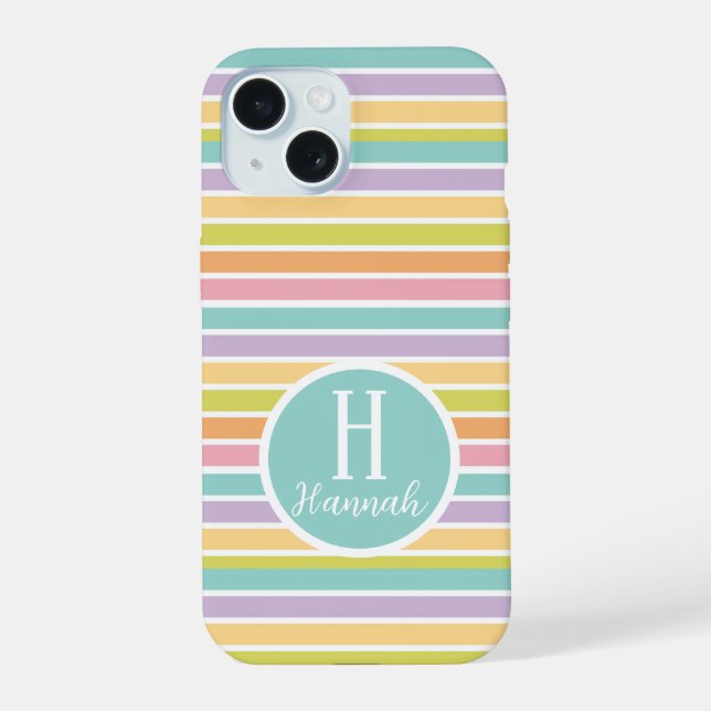 Custom Monogrammed Striped Pastel Patterned  iPhone 15 Case (Back)