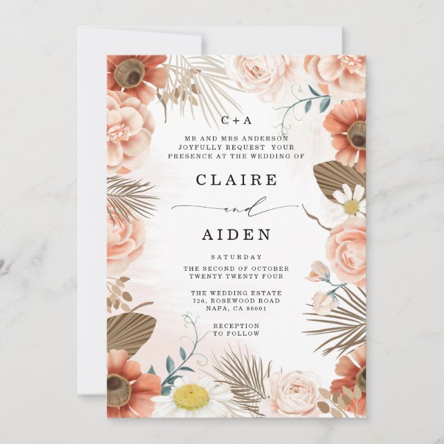 Custom Monogrammed Terracotta Rustic Boho Wedding Invitation (Front)