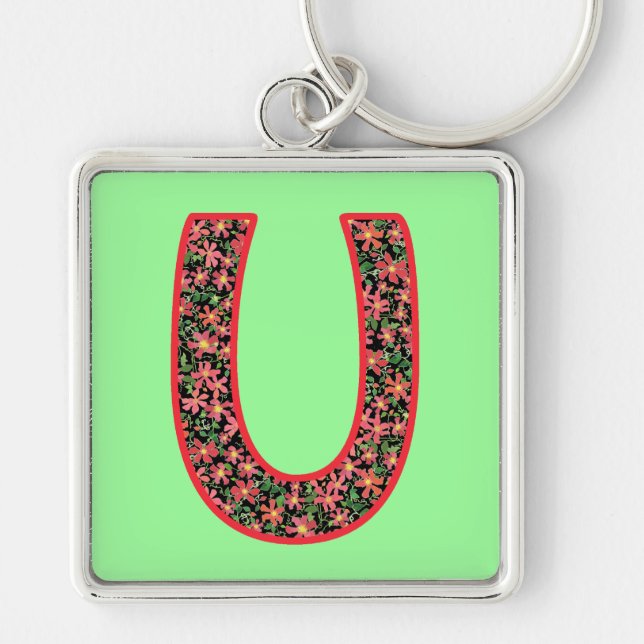 Custom Monogrammed U Keychain, Clematis Pattern Keychain (Front)