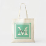 Custom monogrammed wedding party tote bags<br><div class="desc">Custom monogrammed wedding party tote bags. Personalized name monogram tote bag | Mint green or custom colour background. Elegant logo design with letter initials and fancy border frame. Cute vintage gift idea for bride and brides entourage. Make your own for bridesmaid, maid of honour, flower girls, mother of the bride,...</div>