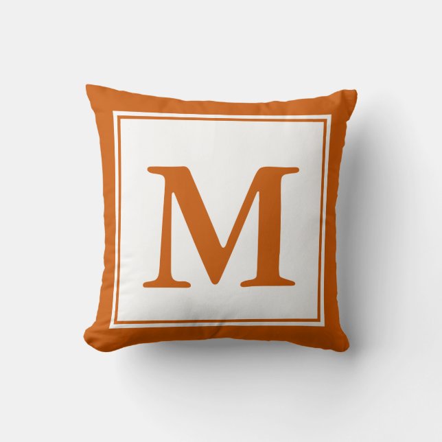 Custom Monogrammed White and Burnt Orange Throw Pillow (Front)