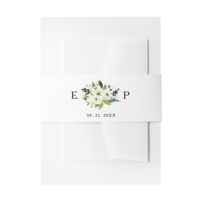 Custom Monogrammed White Roses Greenery Invitation Invitation Belly Band (Front Example)
