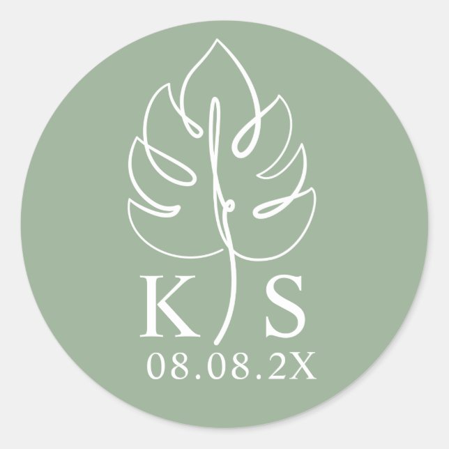 Custom Monstera Monogram Wedding Logo Classic Round Sticker (Front)