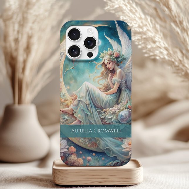 Custom Moon Fairy Name – Fantasy Celestial Art iPhone 15 Case (Custom Moon Fairy Name – Fantasy Celestial Art Case-Mate iPhone Case on a neutral boho table)
