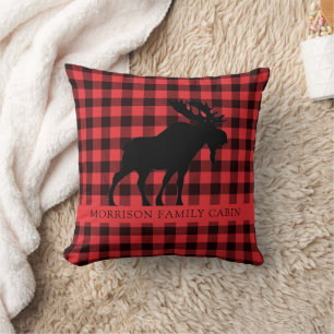Custom Moose Family Name Red Black Plaid Throw Pillow