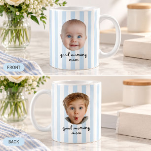 Custom Mother's Day 2 Photo Baby Face Blue Stripes Coffee Mug