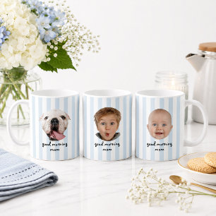 Custom Mother's Day 3 Photo Baby Face Blue Stripes Coffee Mug