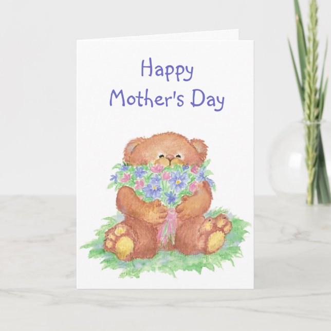 Custom Mother's Day Cute Bear with Flowers Card (Front)