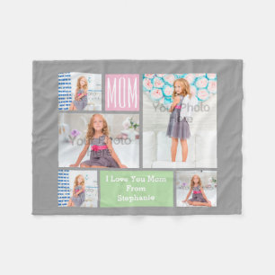 Custom Mothers Day Photo Collage Pink/Green/Grey Fleece Blanket