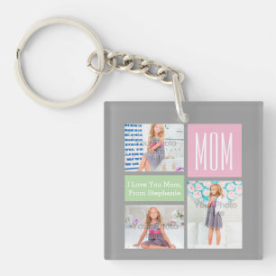 Custom Mothers Day Photo Collage Pink/Green/Grey Keychain