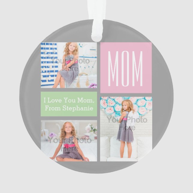 Custom Mothers Day Photo Collage Pink/Green/Grey Ornament (Back)