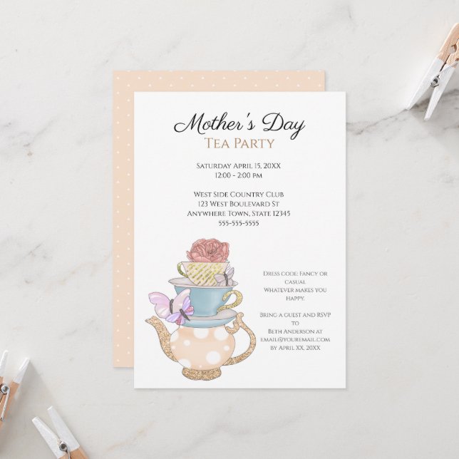 Custom Mother's Day Tea Party Invitation (Front/Back In Situ)