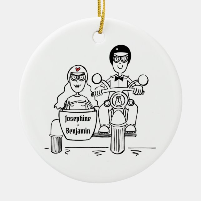 Custom Motorbike and Sidecar Wedding Gift Ceramic Ornament (Front)