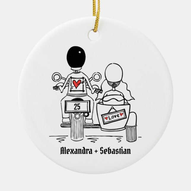 Custom Motorbike & Sidecar Wedding Anniversary Ceramic Ornament (Front)