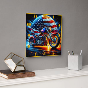 Custom motorcycle revving on a patriotic backdrop square wall clock