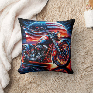 Custom motorcycle with an American flag at sunset Throw Pillow