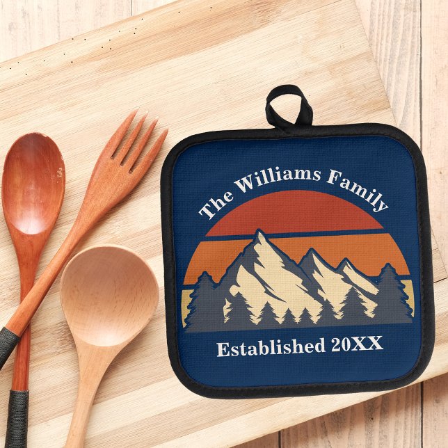 Custom Mountain Sunset Family Home Blue Log Cabin Pot Holder (Creator Uploaded)