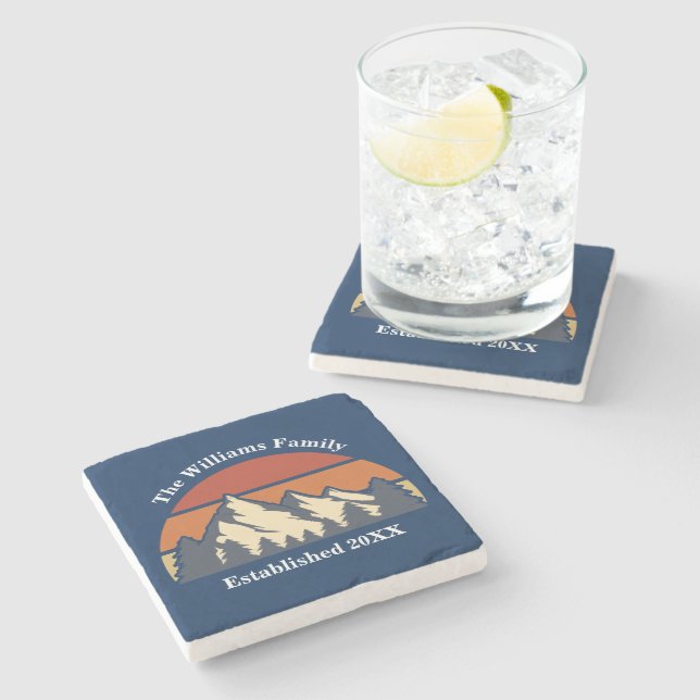 Custom Mountain Sunset Family Home Blue Log Cabin Stone Coaster (Side)
