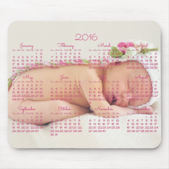 Custom Mouse Pad Pink Calendar 2016 Baby Photo (Front)