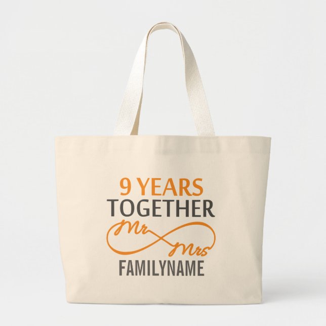 Custom Mr and Mrs 9th Anniversary Large Tote Bag (Front)