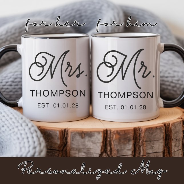 Custom Mr and Mrs Mug Wedding Gift for Couples (Personalized Husband and Wife Mug Anniversary Gift, Modern Script Newlyweds Mug Gift for Her or Him)
