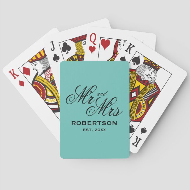 Custom Mr and Mrs newlywed couple teal colour Playing Cards (Back)