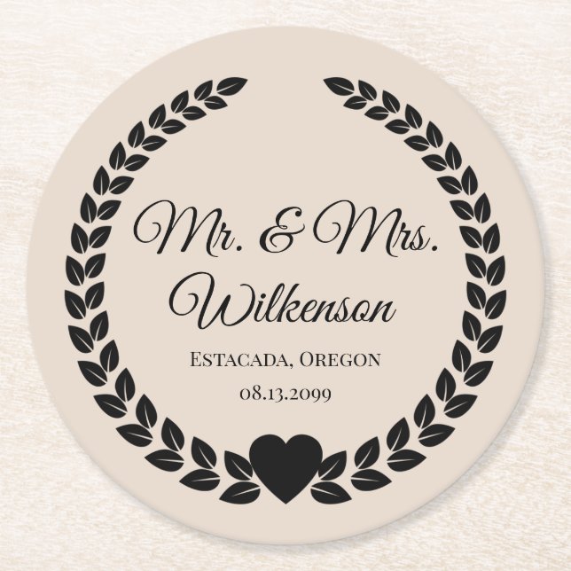 Custom Mr. & Mrs. Bride and Groom Newlywed Round Paper Coaster (Front)