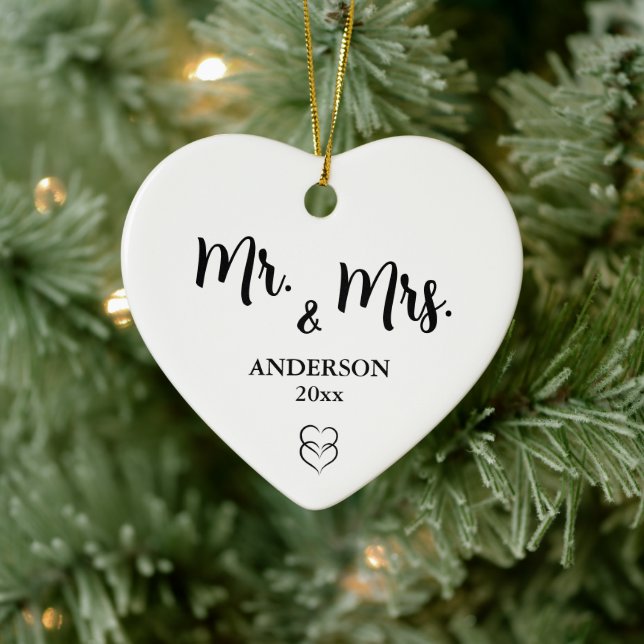 Custom Mr. & Mrs. Christmas Name and Year Ceramic Ornament (Tree)