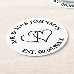 Custom mr mrs double heart wedding party coasters