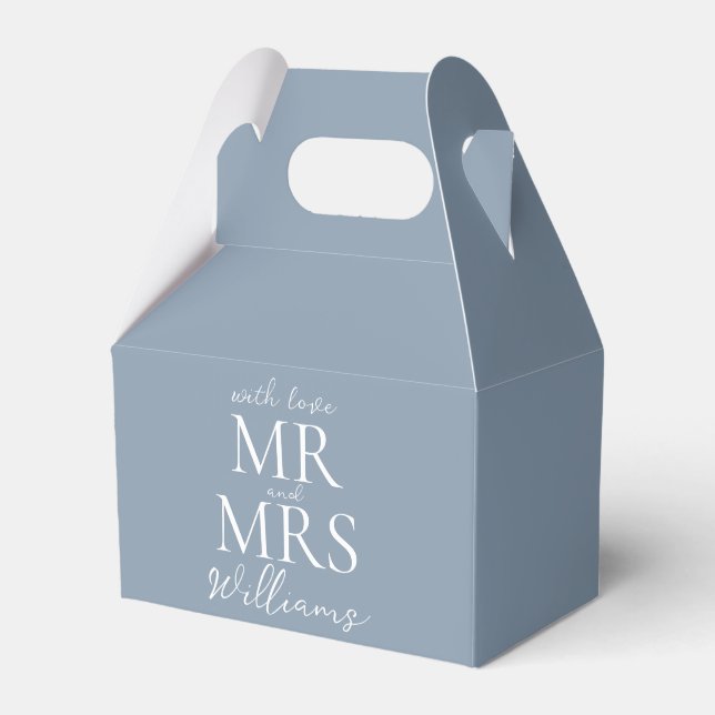 Custom Mr Mrs Dusty Blue Modern Wedding Favor Box (Front Side)