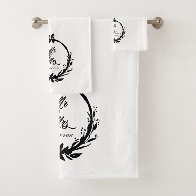 Custom Mr & Mrs Elegant White & Black Newlyweds Bath Towel Set (Insitu)