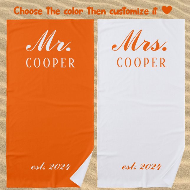 Custom Mr&Mrs Honeymoon Gift Newlyweds Orange Beach Towel (Creator Uploaded)