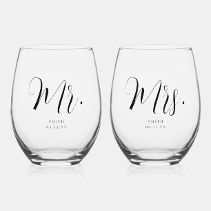Custom 'Mr. & Mrs.' Minimal Script Wedding Stemless Wine Glass