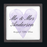 Custom Mr Mrs purple watercolor heart wedding ring Gift Box<br><div class="desc">Custom Mr and Mrs purple watercolor heart wedding keepsake gift box with magnetic lid. Add personalized name of bride and groom / newly weds. Vintage love symbol background design with stylish script typography. Great for ring bearer, jewellery, party favour and other stuff. Also nice for elegant engagement, anniversary, bridal shower...</div>