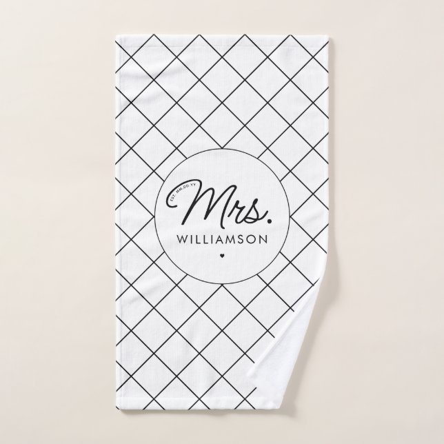 Custom Mrs. Est. Modern Elegant Script Newlywed Bath Towel Set (Hand Towel)