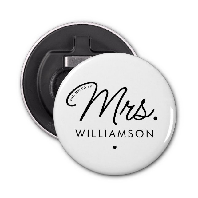 Custom Mrs. Est. Modern Elegant Script Newlywed Bottle Opener (Front)