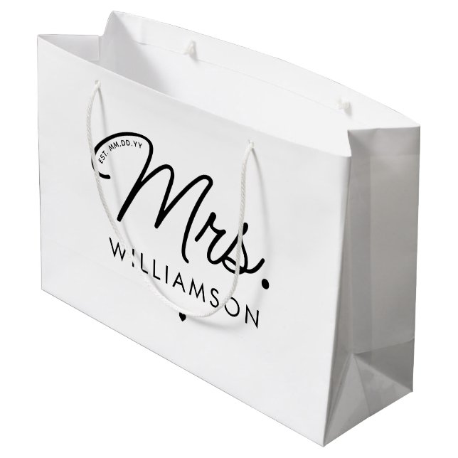 Custom Mrs. Est. Modern Elegant Script Newlywed Large Gift Bag (Back Angled)