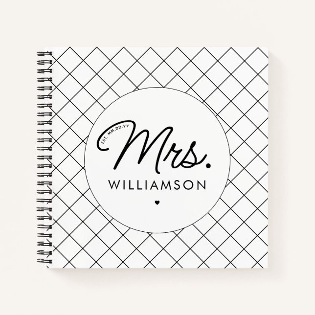 Custom Mrs. Est. Modern Elegant Script Newlywed Notebook (Front)