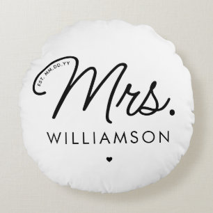 Custom Mrs. Est. Modern Elegant Script Newlywed Round Pillow