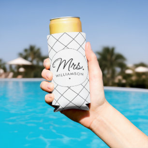 Custom Mrs. Est. Modern Elegant Script Newlywed Seltzer Can Cooler