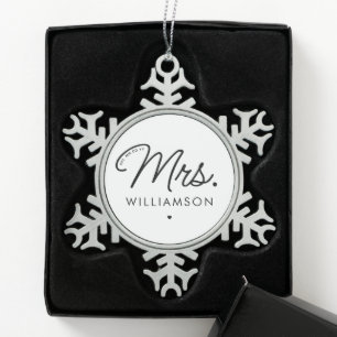 Custom Mrs. Est. Modern Elegant Script Newlywed Snowflake Pewter Christmas Ornament