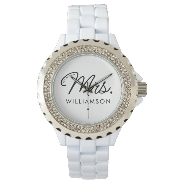 Custom Mrs. Est. Modern Elegant Script Newlywed Watch (Front)