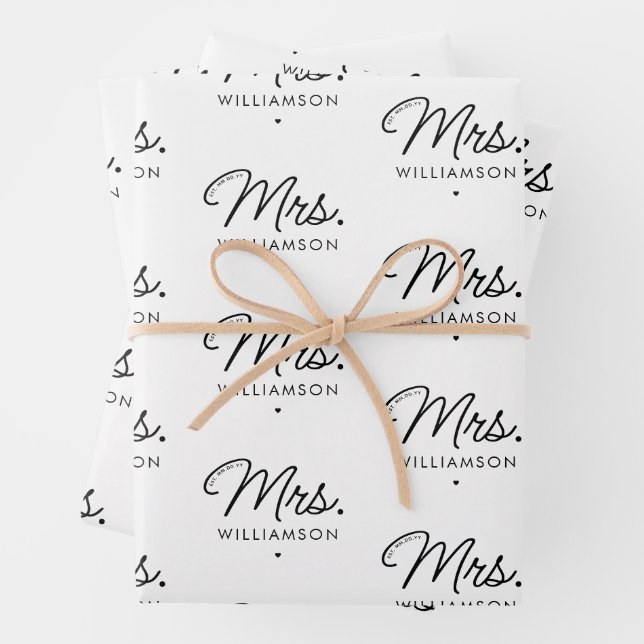Custom Mrs. Est. Modern Elegant Script Newlywed Wrapping Paper Sheet (In situ)