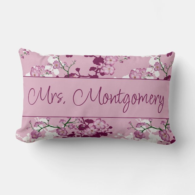 Custom Mrs Mr Elegant Pink Cherry Blossoms  Lumbar Pillow (Front)