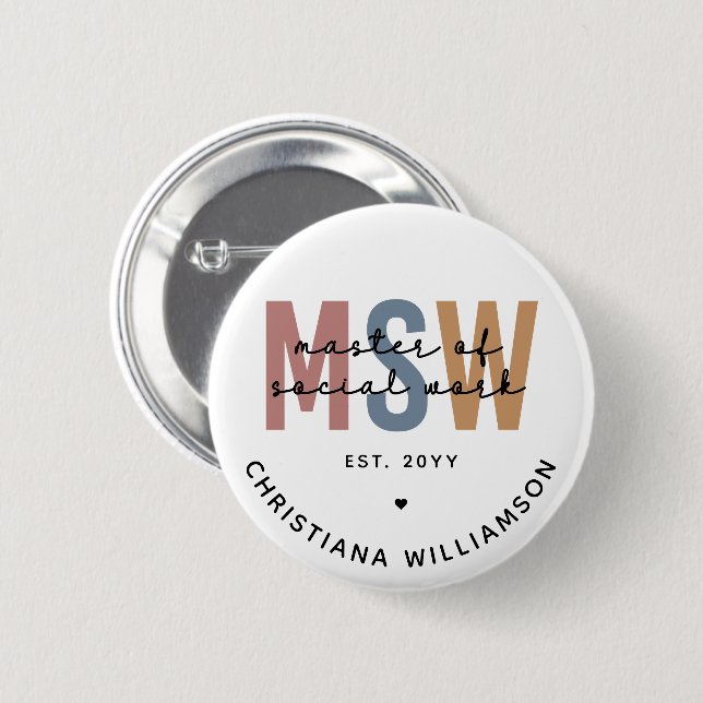 Custom MSW Master of Social Work Retro Graduation 2 Inch Round Button (Front & Back)