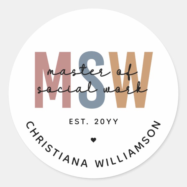 Custom MSW Master of Social Work Retro Graduation Classic Round Sticker (Front)